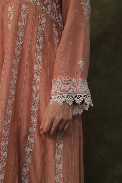 Peach Shade Mulmul Work With Chikankari Ready To Wear Anarkali With Dupatta