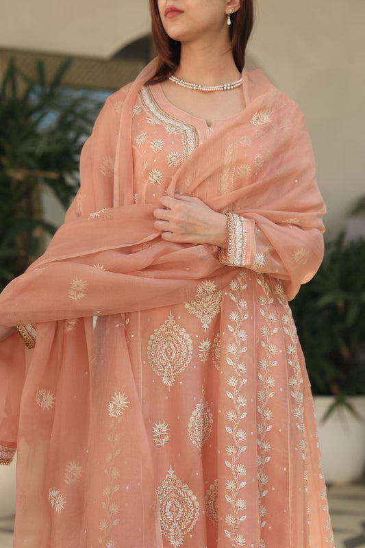 Peach Shade Noor Organza Chikankari Anarkali