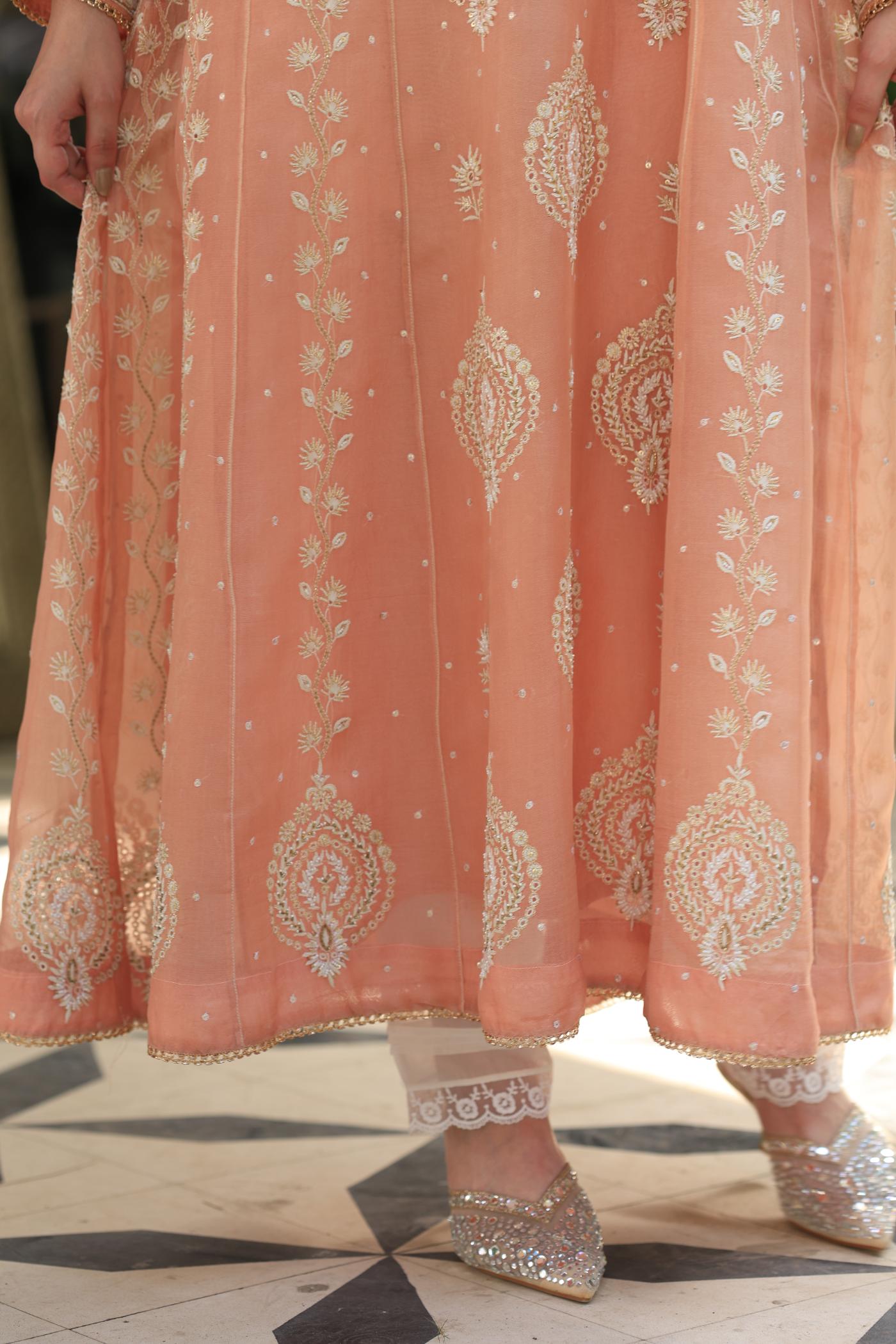 Peach Shade Noor Organza Chikankari Anarkali