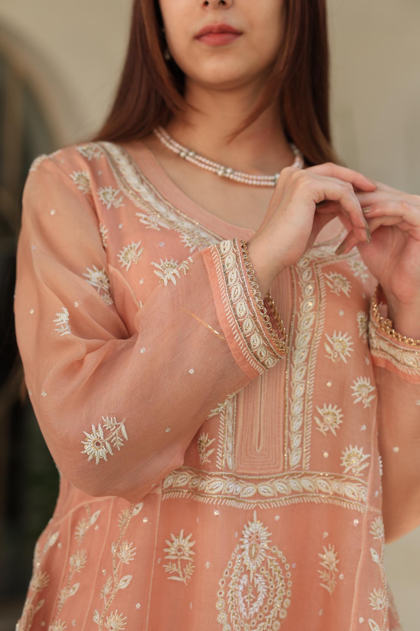 Peach Shade Noor Organza Chikankari Anarkali
