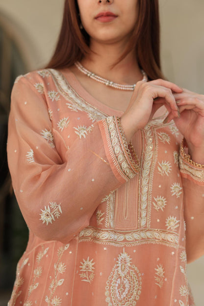 Peach Shade Noor Organza Chikankari Anarkali