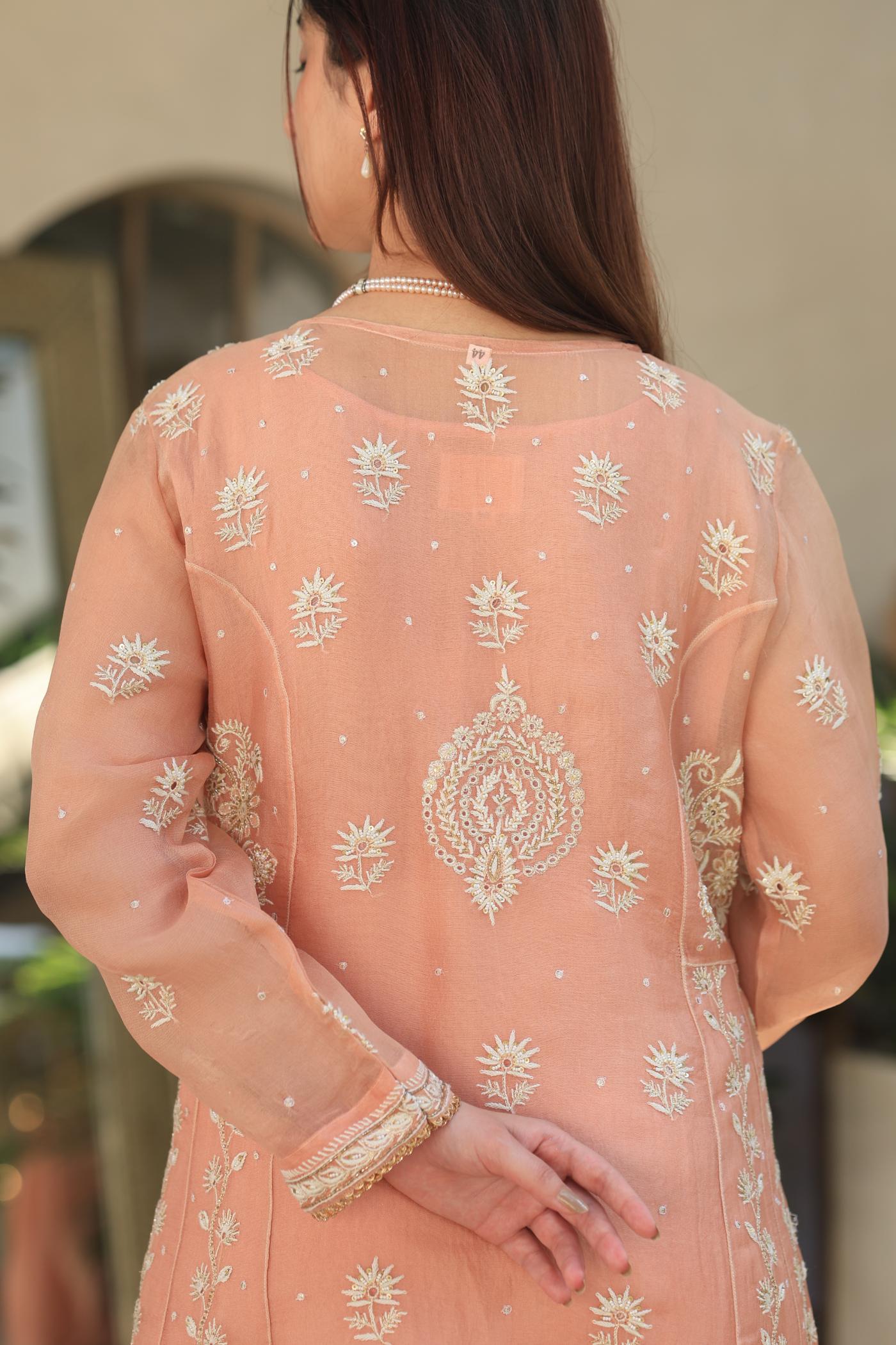 Peach Shade Noor Organza Chikankari Anarkali