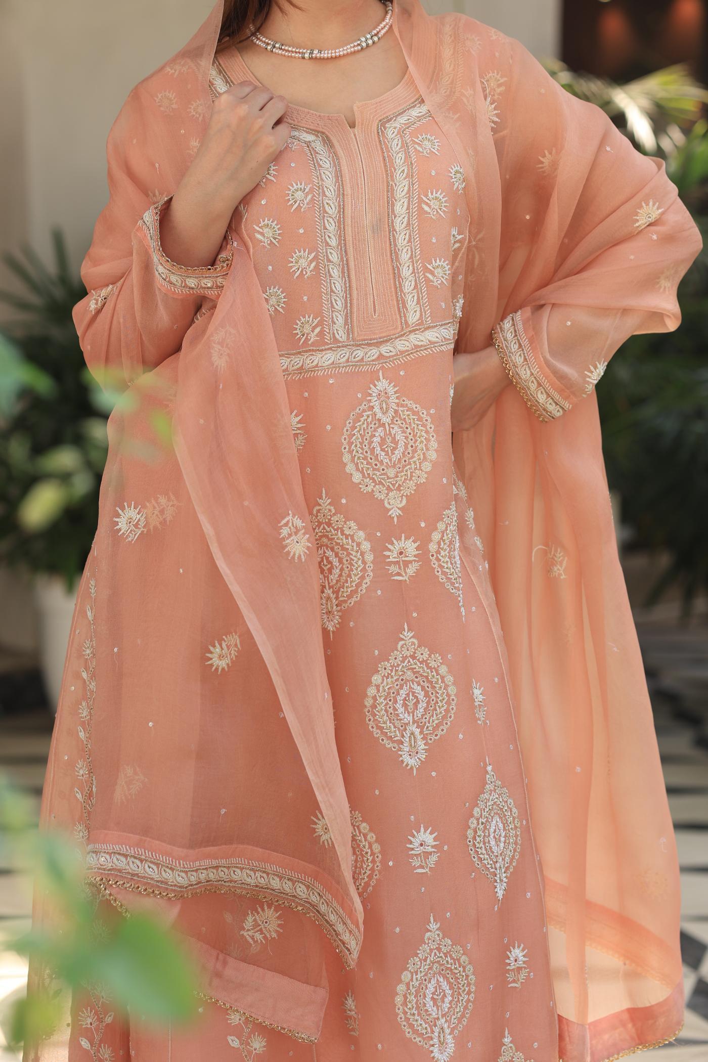 Peach Shade Noor Organza Chikankari Anarkali