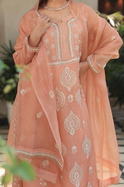 Peach Shade Noor Organza Chikankari Anarkali