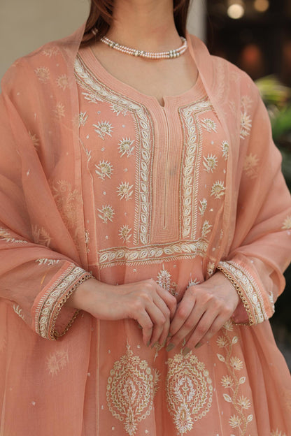Peach Shade Noor Organza Chikankari Anarkali