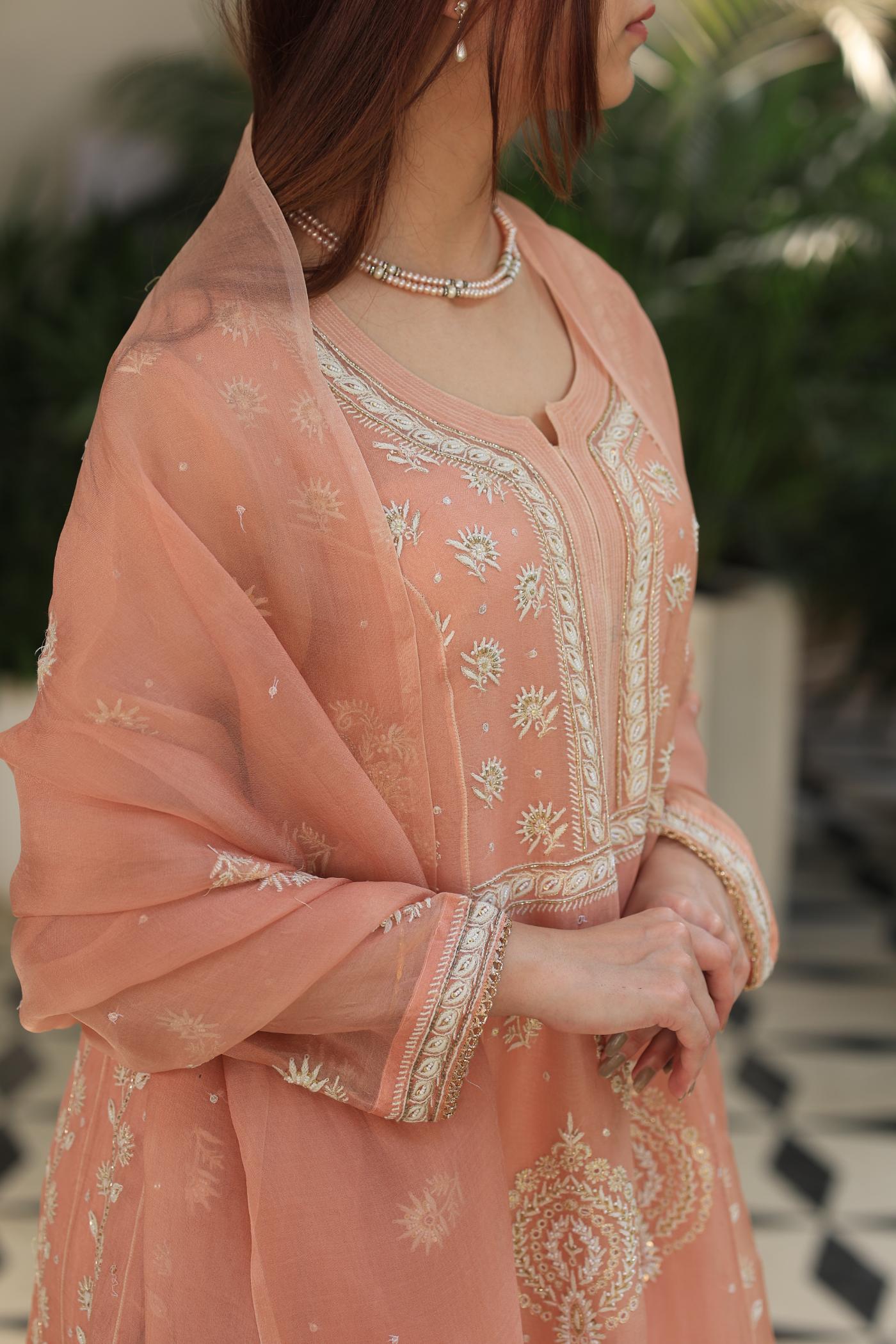 Peach Shade Noor Organza Chikankari Anarkali