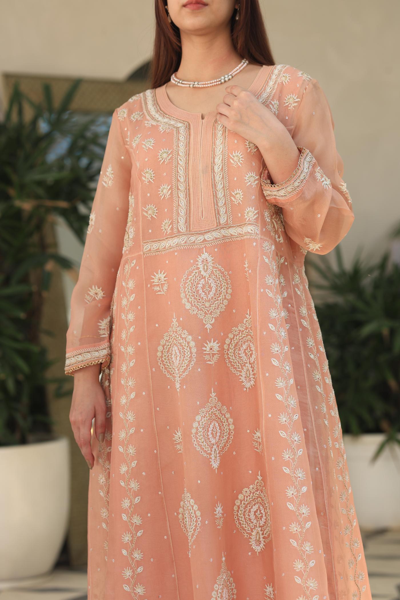 Peach Shade Noor Organza Chikankari Anarkali