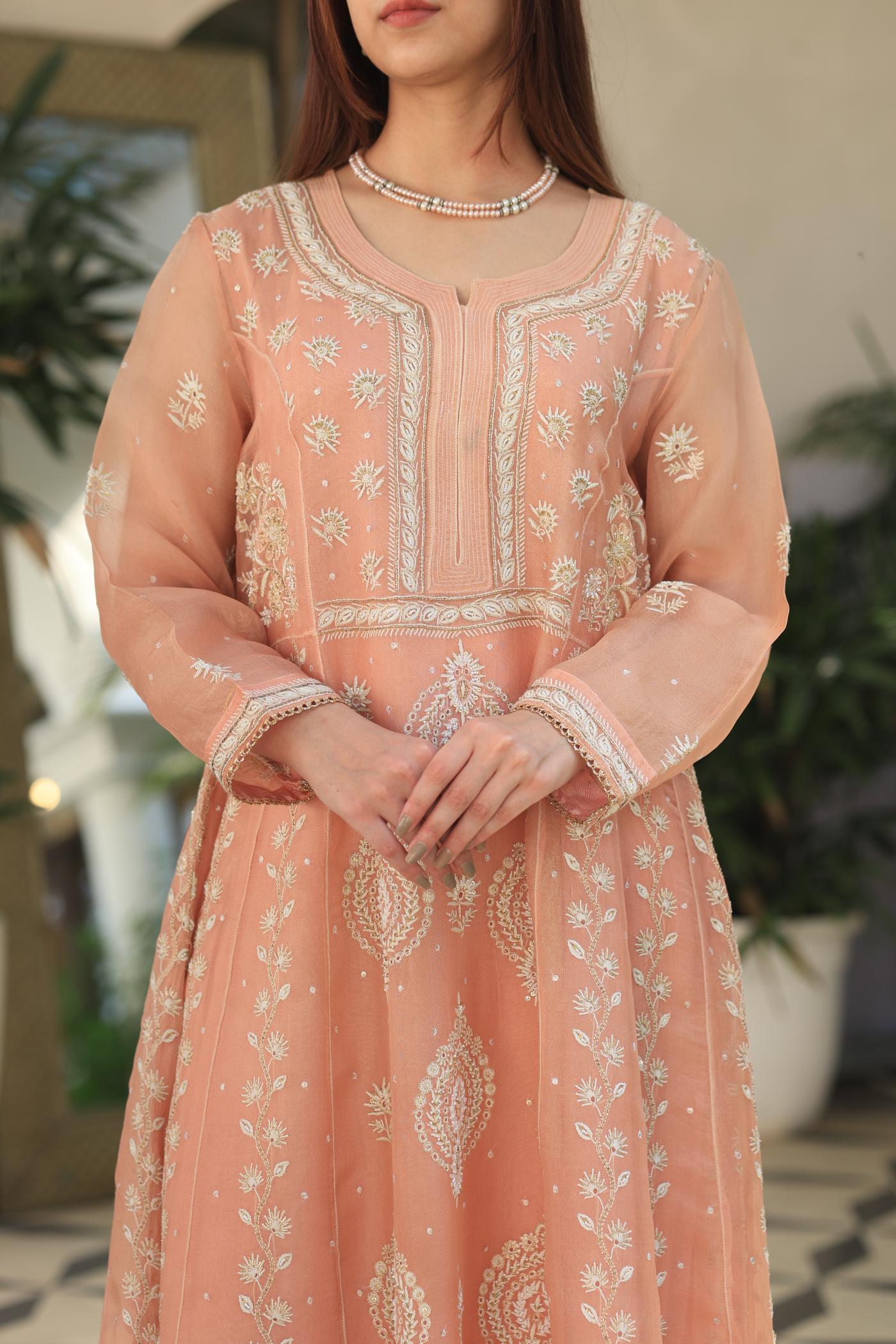Peach Shade Noor Organza Chikankari Anarkali