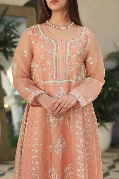 Peach Shade Noor Organza Chikankari Anarkali