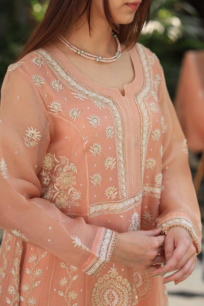 Peach Shade Noor Organza Chikankari Anarkali