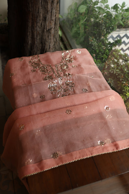 Peach Shade Noor Organza Silk Badla Unstitched Kurta Dupatta Set