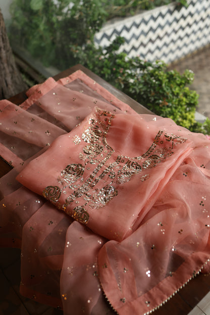 Peach Shade Noor Organza Silk Badla Unstitched Kurta Dupatta Set
