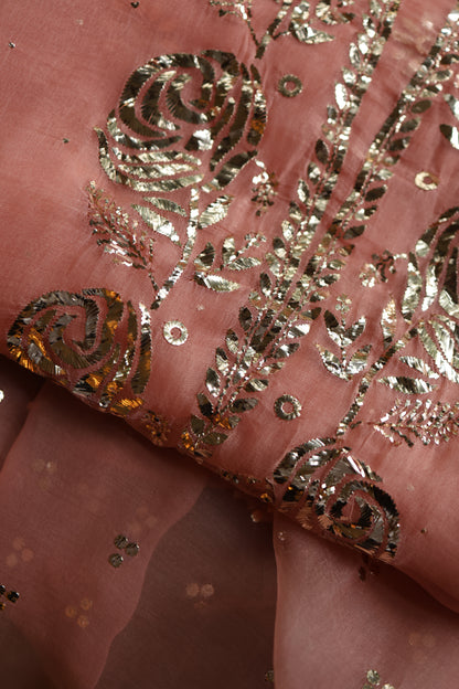 Peach Shade Noor Organza Silk Badla Unstitched Kurta Dupatta Set