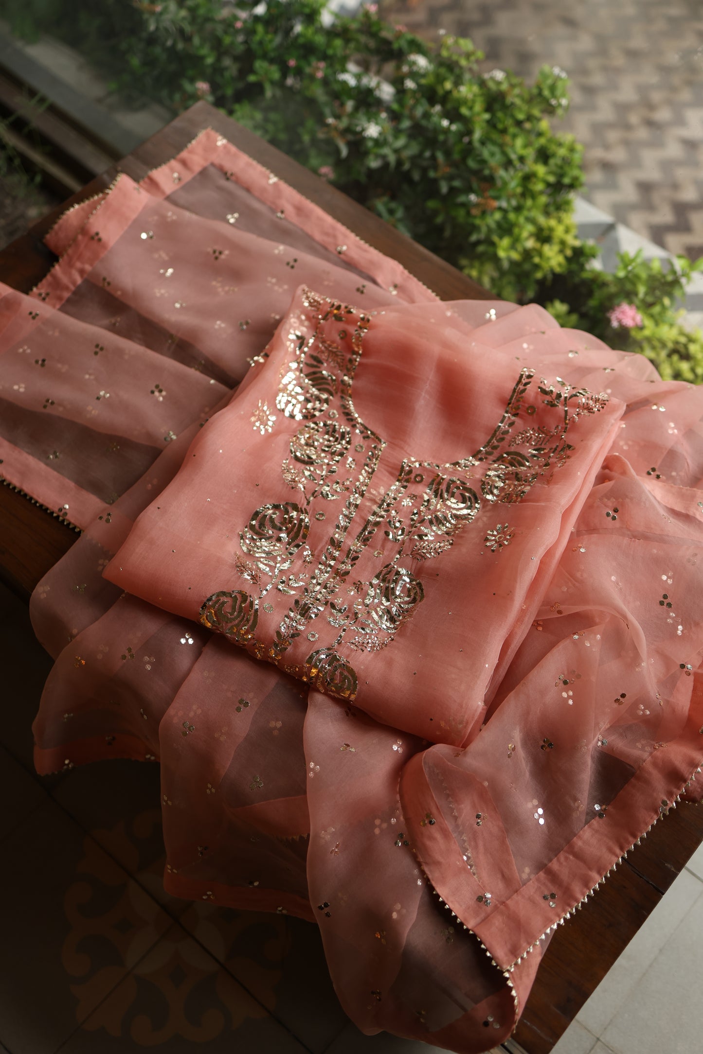 Peach Shade Noor Organza Silk Badla Unstitched Kurta Dupatta Set