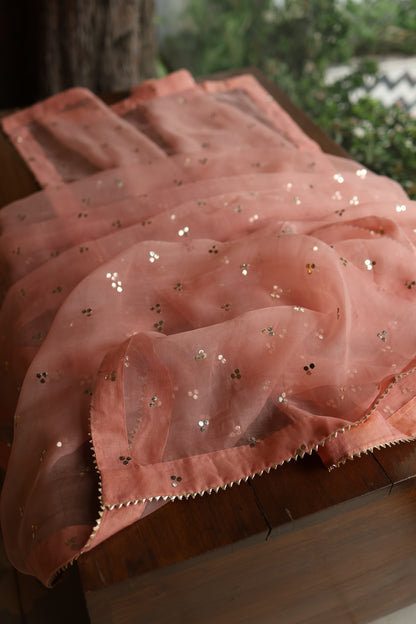 Peach Shade Noor Organza Silk Badla Unstitched Kurta Dupatta Set