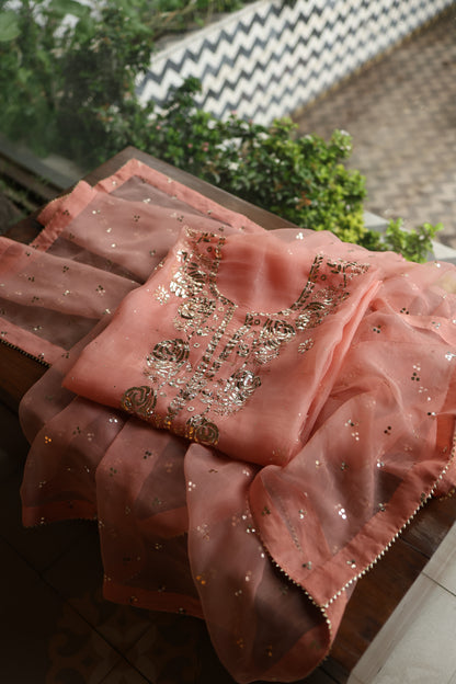 Peach Shade Noor Organza Silk Badla Unstitched Kurta Dupatta Set