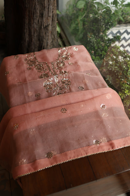 Peach Shade Noor Organza Silk Badla Unstitched Kurta Dupatta Set