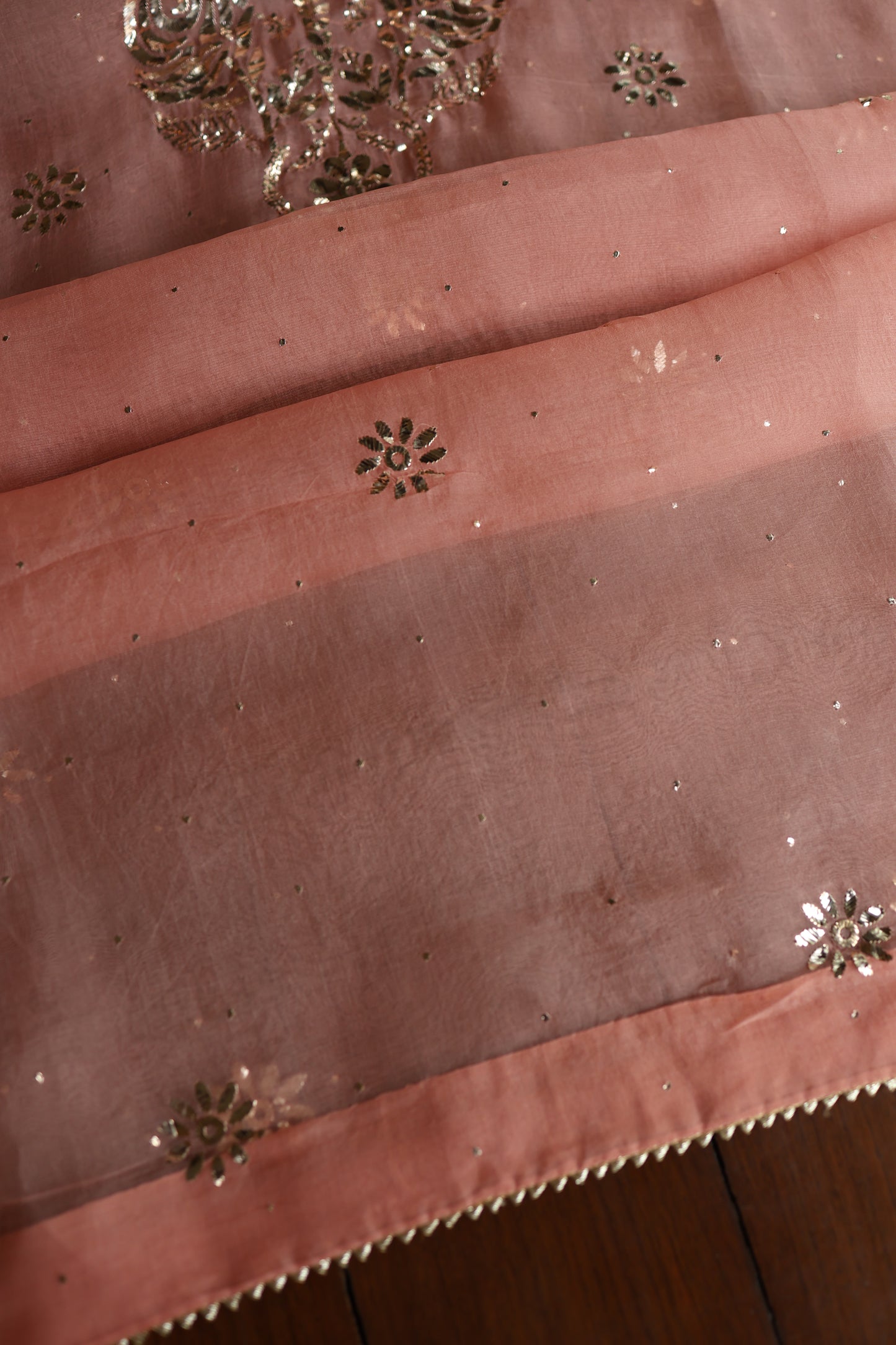 Peach Shade Noor Organza Silk Badla Unstitched Kurta Dupatta Set