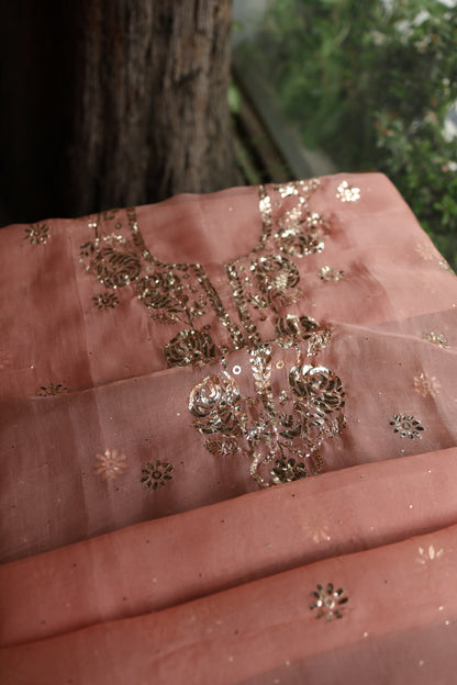 Peach Shade Noor Organza Silk Badla Unstitched Kurta Dupatta Set