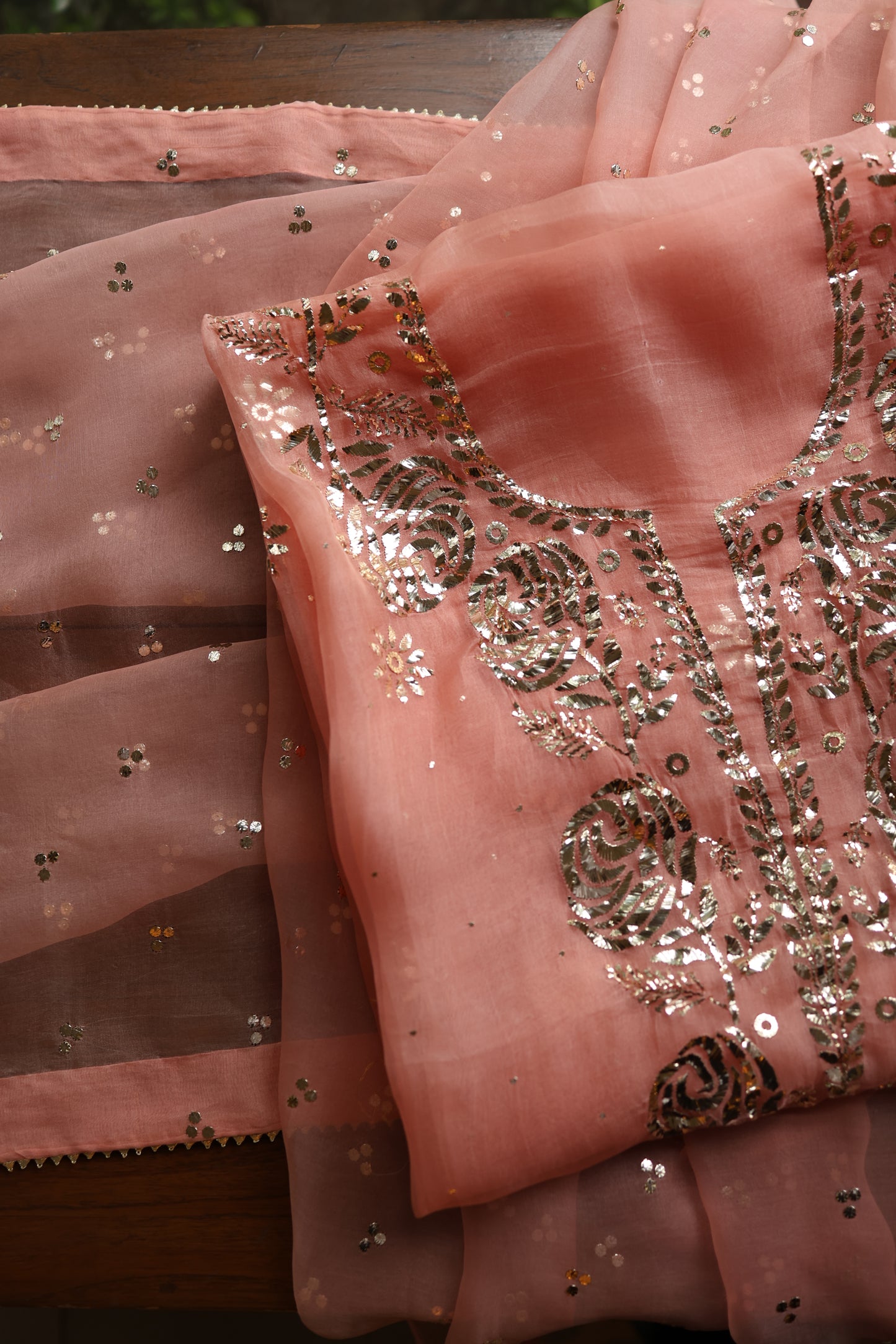 Peach Shade Noor Organza Silk Badla Unstitched Kurta Dupatta Set