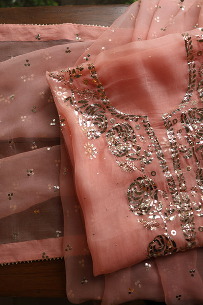 Peach Shade Noor Organza Silk Badla Unstitched Kurta Dupatta Set