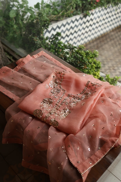 Peach Shade Noor Organza Silk Badla Unstitched Kurta Dupatta Set