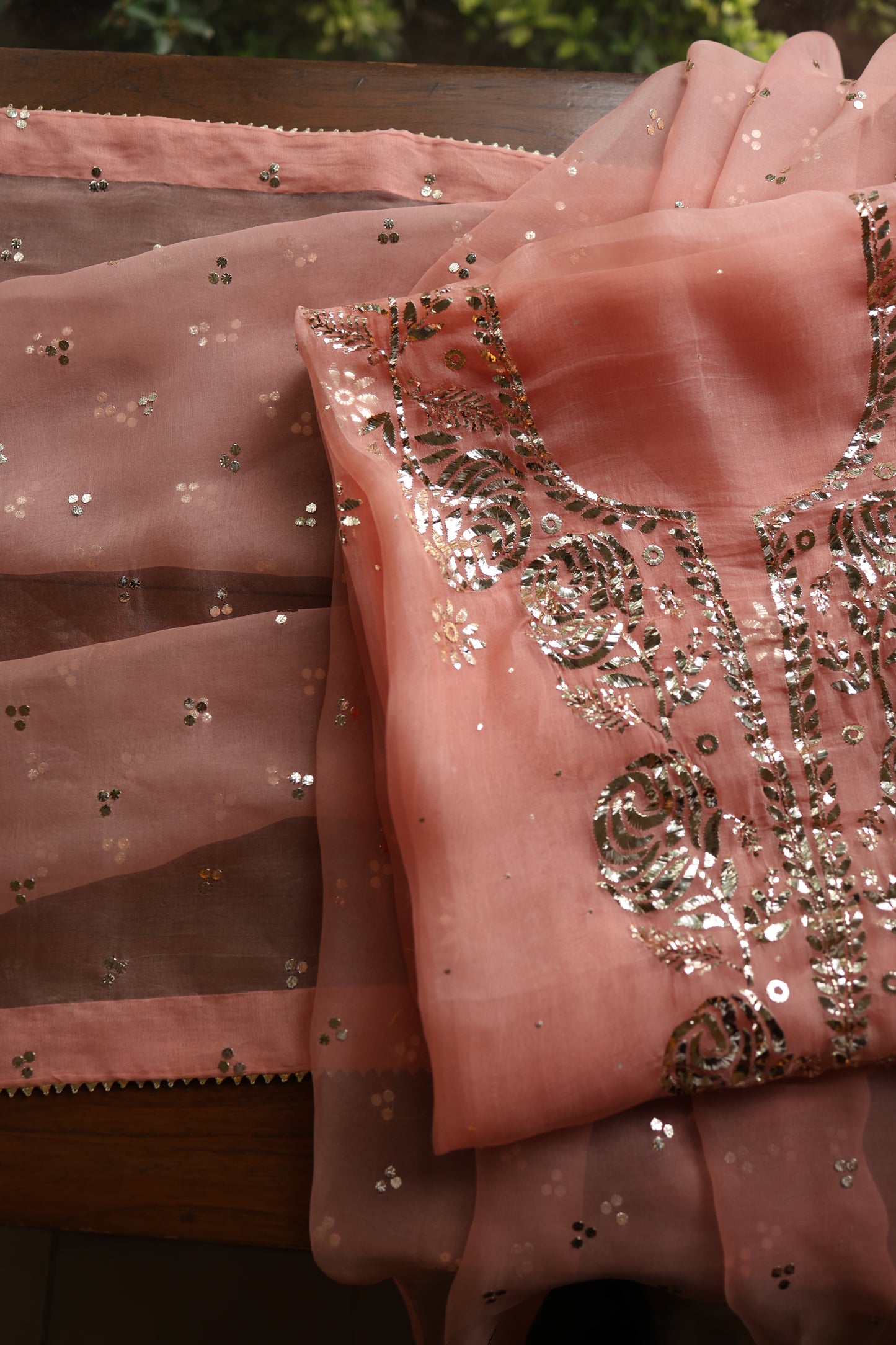 Peach Shade Noor Organza Silk Badla Unstitched Kurta Dupatta Set