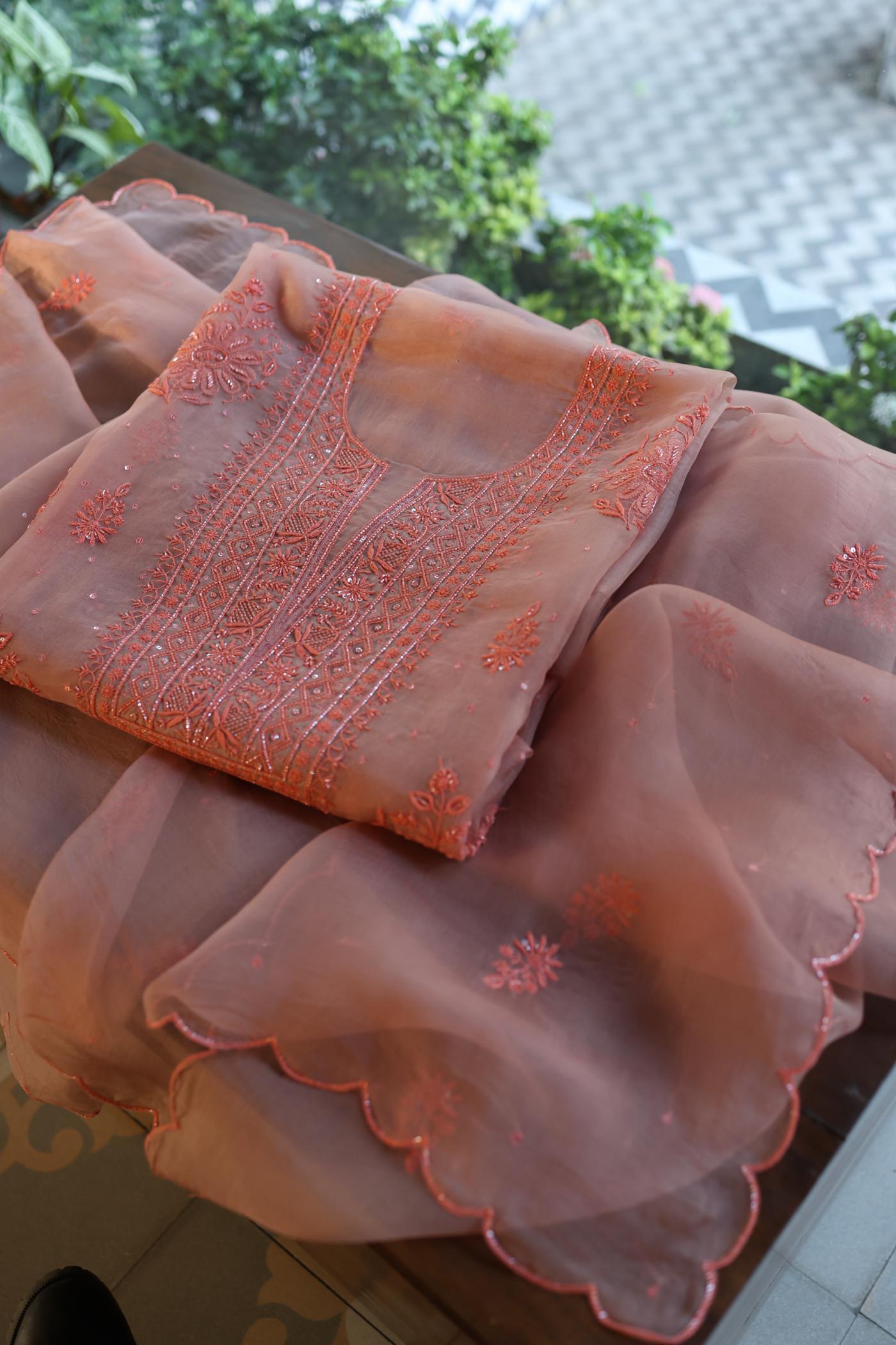 Peach Shade Noor Organza Silk Chikankari Unstitched Fabric