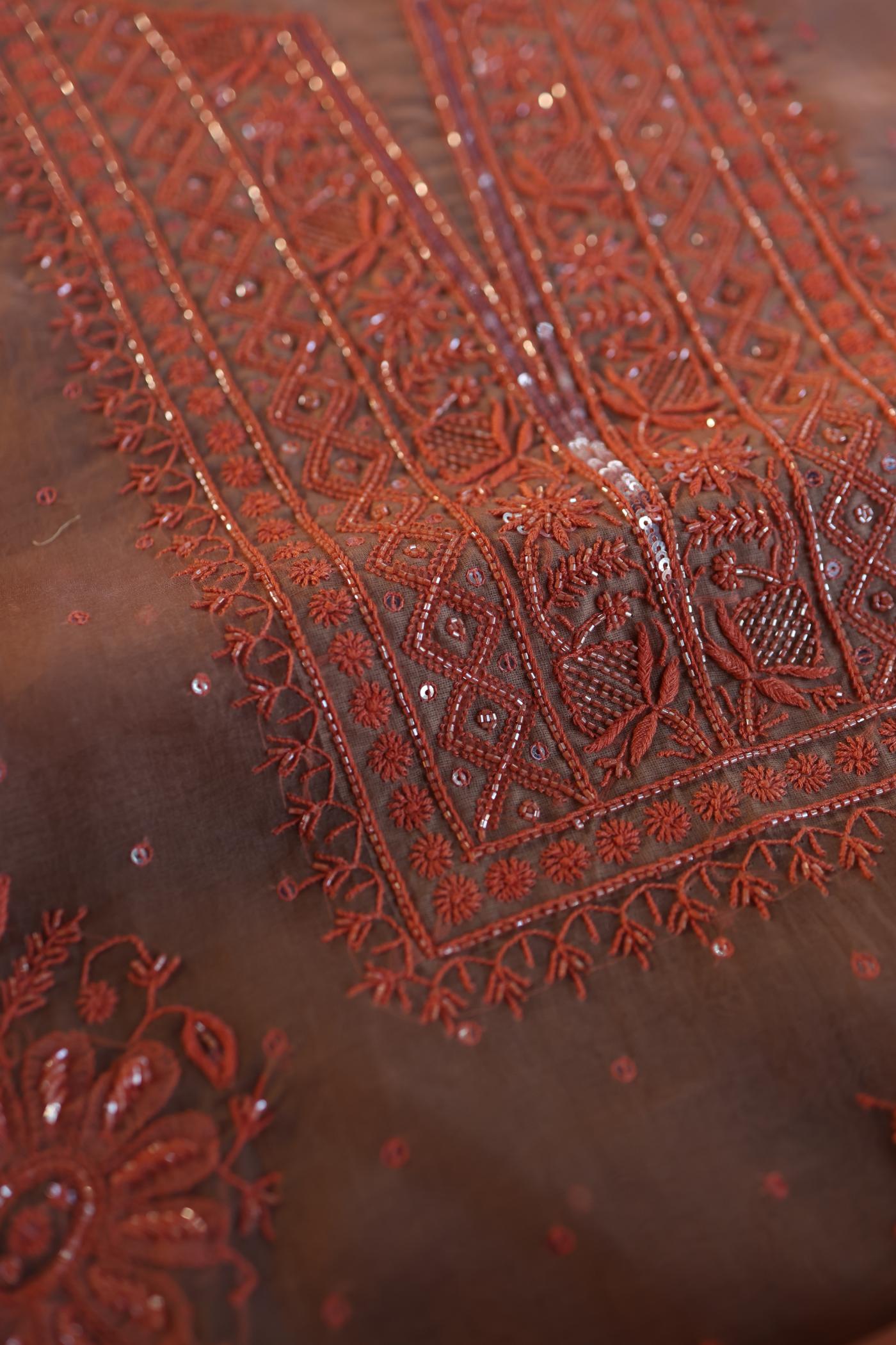 Peach Shade Noor Organza Silk Chikankari Unstitched Fabric