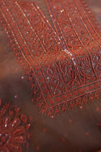 Peach Shade Noor Organza Silk Chikankari Unstitched Fabric