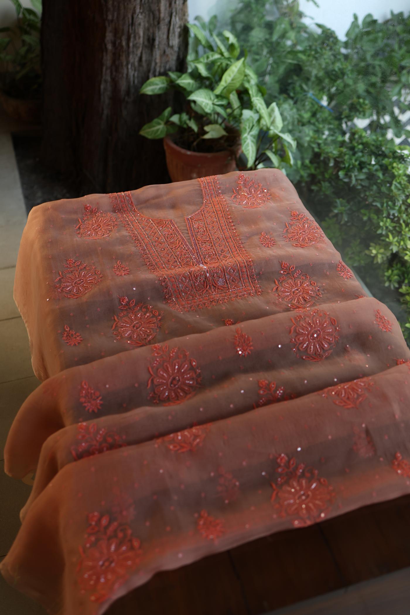 Peach Shade Noor Organza Silk Chikankari Unstitched Fabric