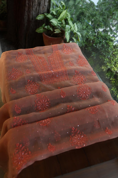 Peach Shade Noor Organza Silk Chikankari Unstitched Fabric