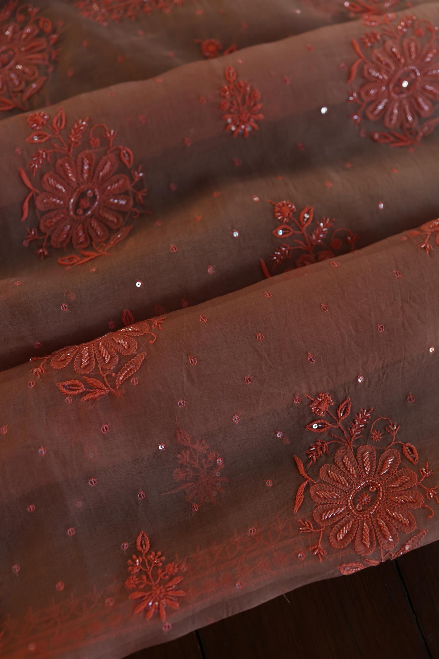 Peach Shade Noor Organza Silk Chikankari Unstitched Fabric