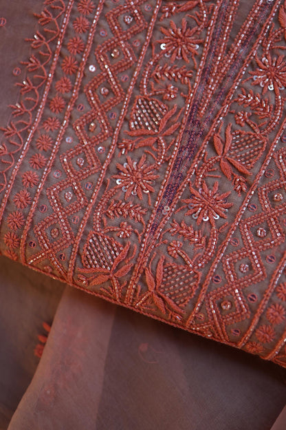Peach Shade Noor Organza Silk Chikankari Unstitched Fabric