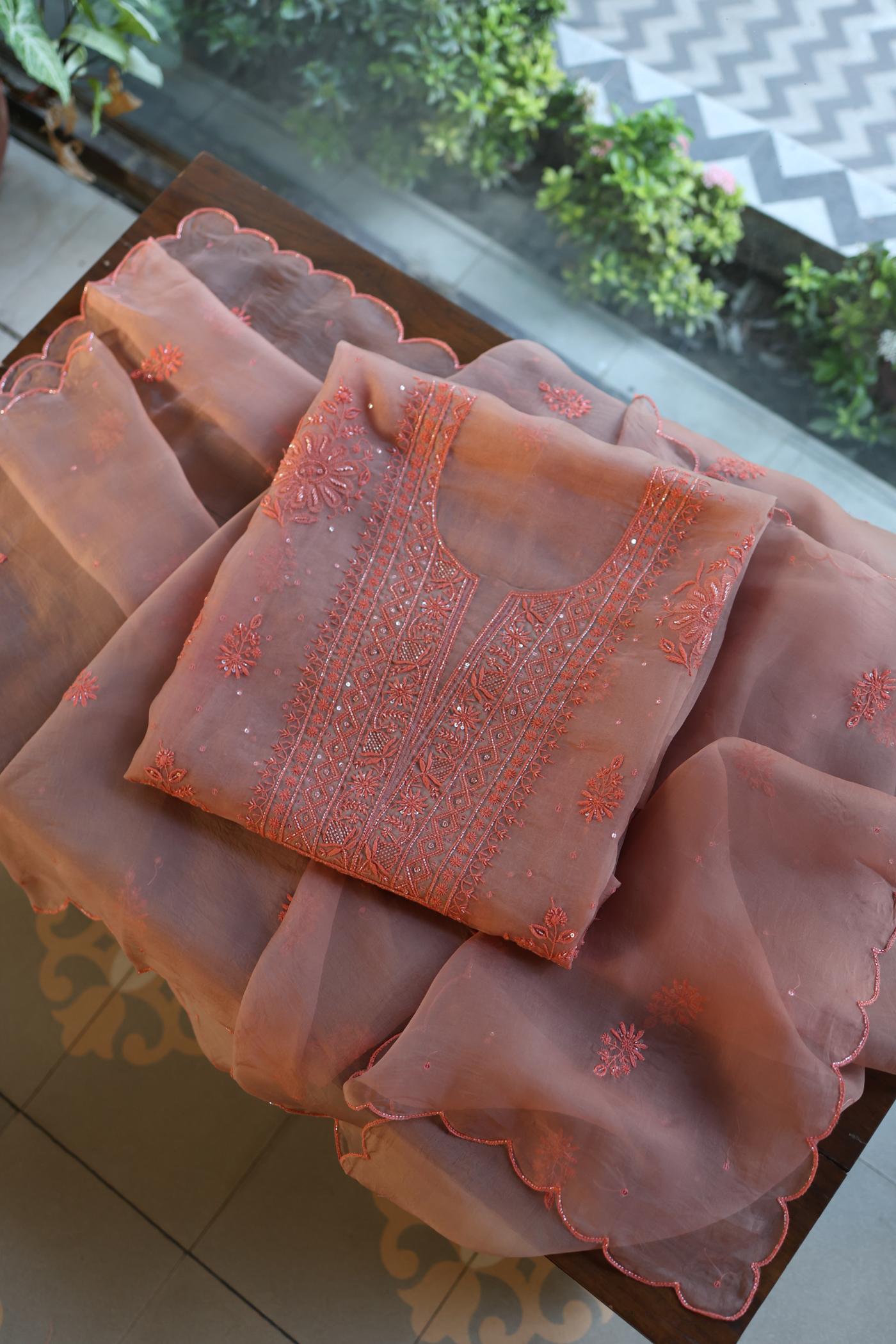 Peach Shade Noor Organza Silk Chikankari Unstitched Fabric