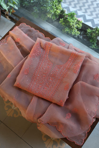 Peach Shade Noor Organza Silk Chikankari Unstitched Fabric
