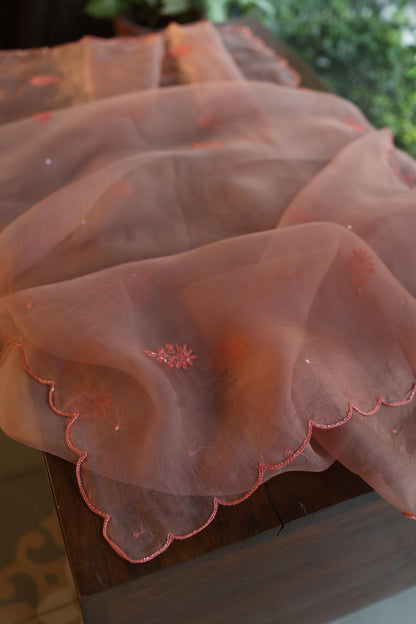 Peach Shade Noor Organza Silk Chikankari Unstitched Fabric