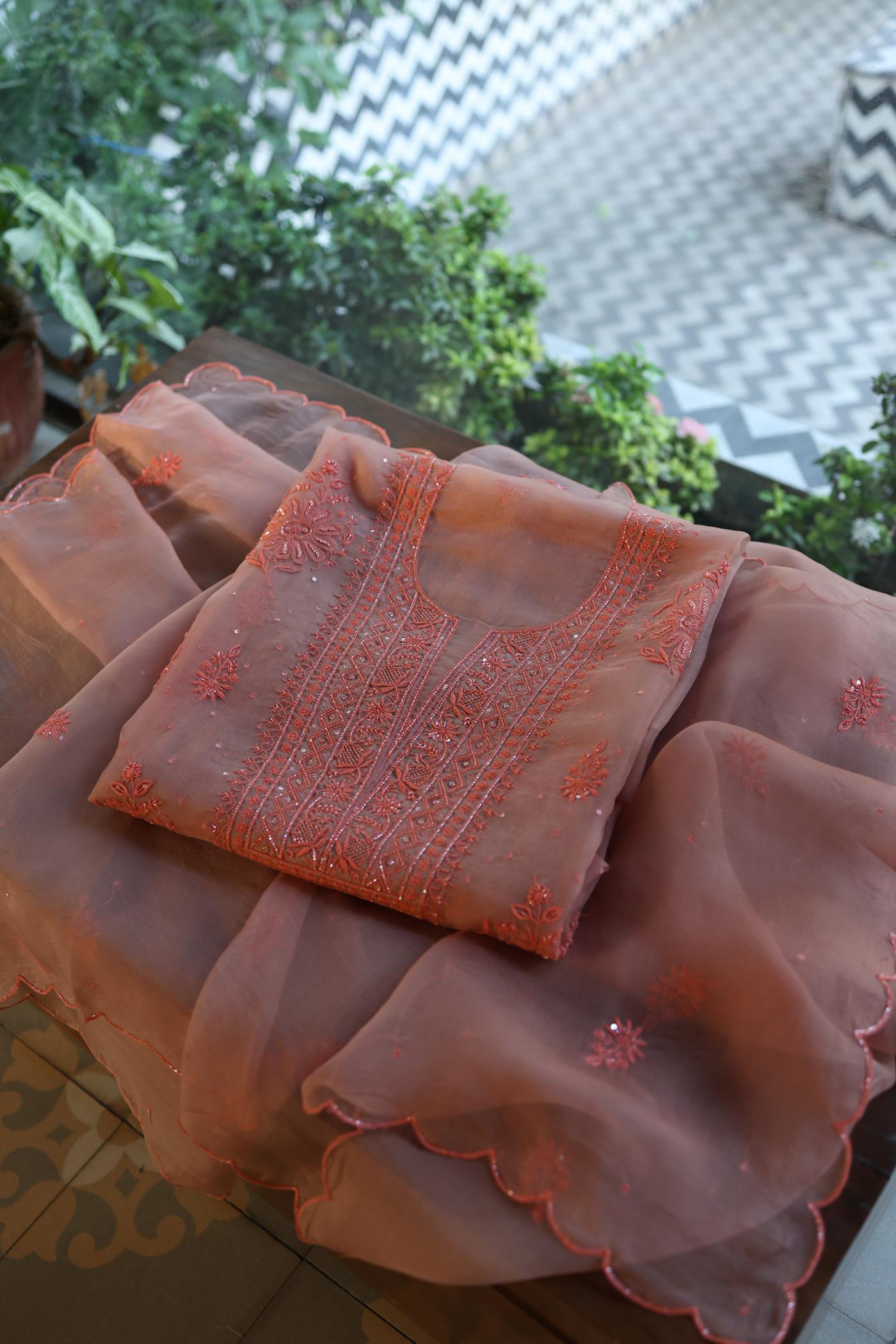 Peach Shade Noor Organza Silk Chikankari Unstitched Fabric