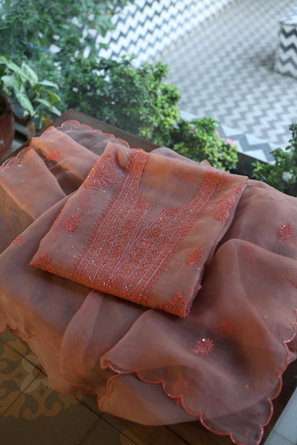 Peach Shade Noor Organza Silk Chikankari Unstitched Fabric