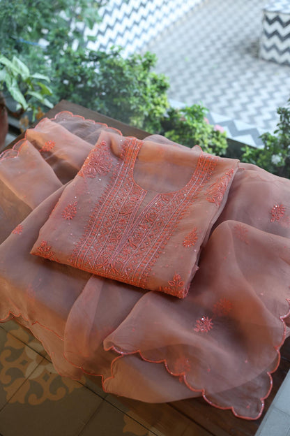 Peach Shade Noor Organza Silk Chikankari Unstitched Fabric