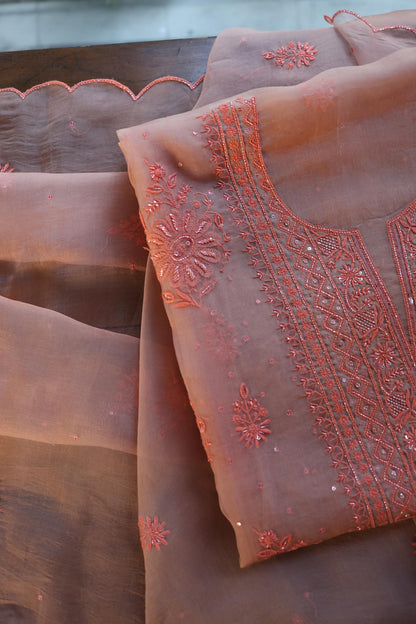 Peach Shade Noor Organza Silk Chikankari Unstitched Fabric