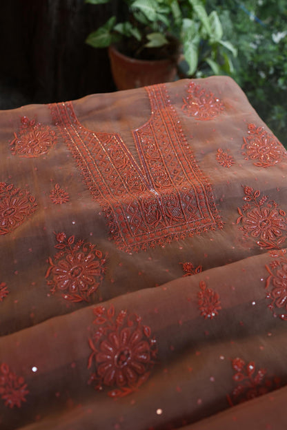Peach Shade Noor Organza Silk Chikankari Unstitched Fabric