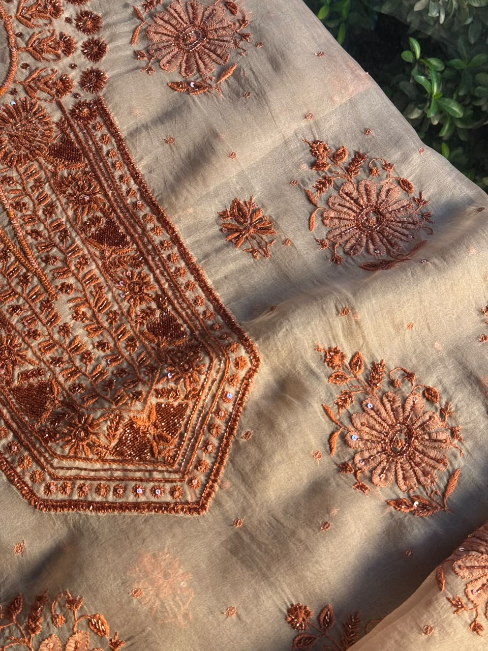 Peach Shade Noor Organza Silk Chikankari Unstitched Kurta Dupatta Set