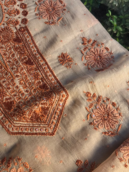 Peach Shade Noor Organza Silk Chikankari Unstitched Kurta Dupatta Set