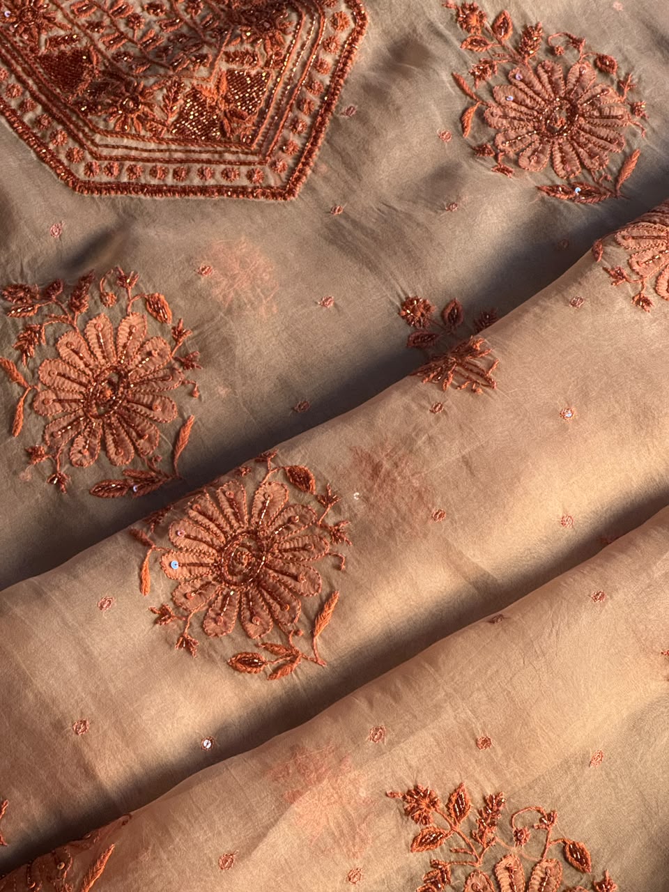 Peach Shade Noor Organza Silk Chikankari Unstitched Kurta Dupatta Set
