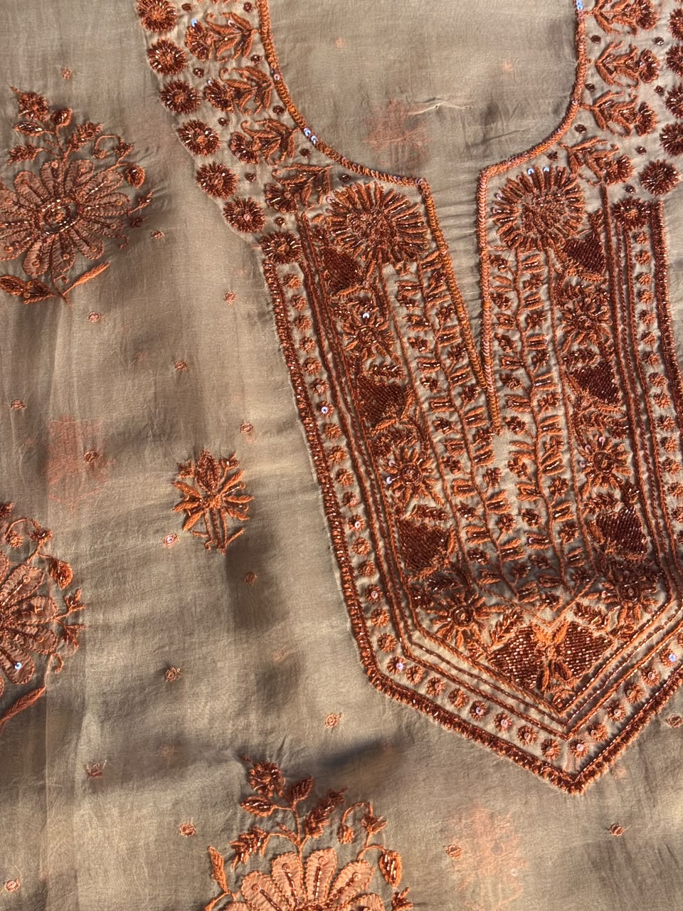 Peach Shade Noor Organza Silk Chikankari Unstitched Kurta Dupatta Set
