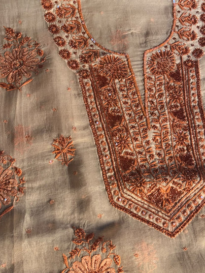 Peach Shade Noor Organza Silk Chikankari Unstitched Kurta Dupatta Set
