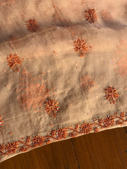 Peach Shade Noor Organza Silk Chikankari Unstitched Kurta Dupatta Set