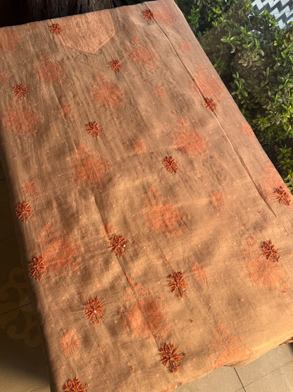 Peach Shade Noor Organza Silk Chikankari Unstitched Kurta Dupatta Set
