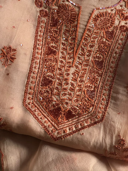 Peach Shade Noor Organza Silk Chikankari Unstitched Kurta Dupatta Set